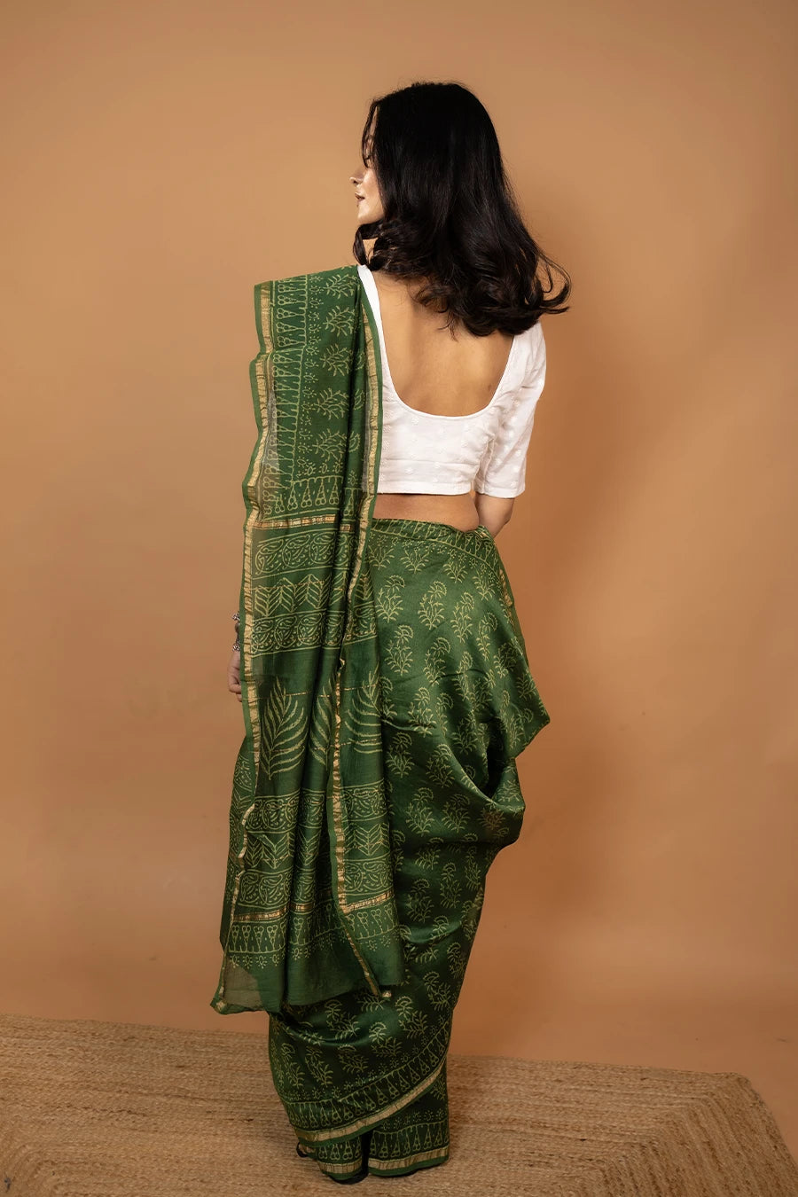 Champakali green hand block printed Chanderi silk saree