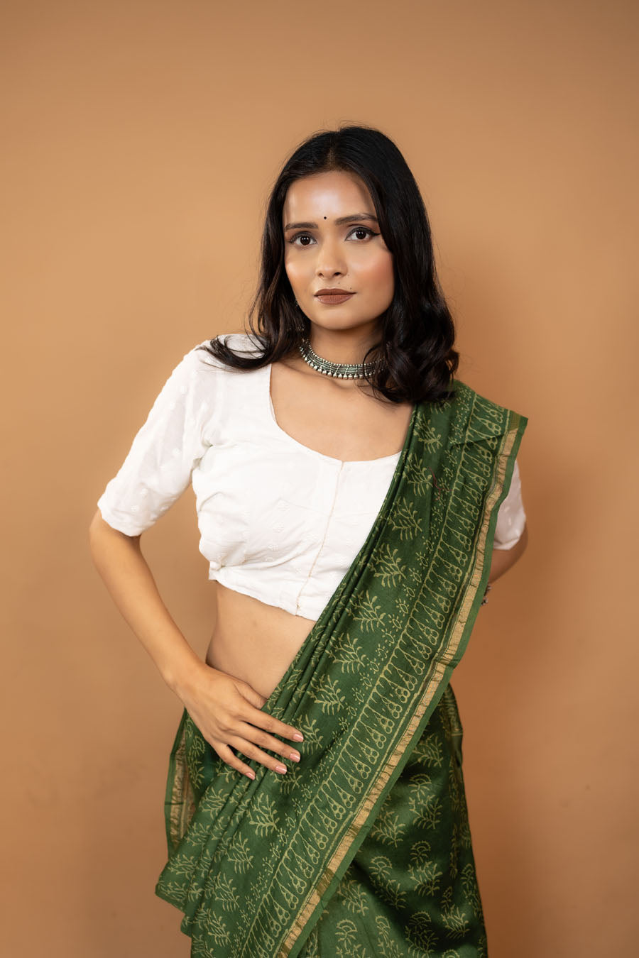 Champakali green hand block printed Chanderi silk saree