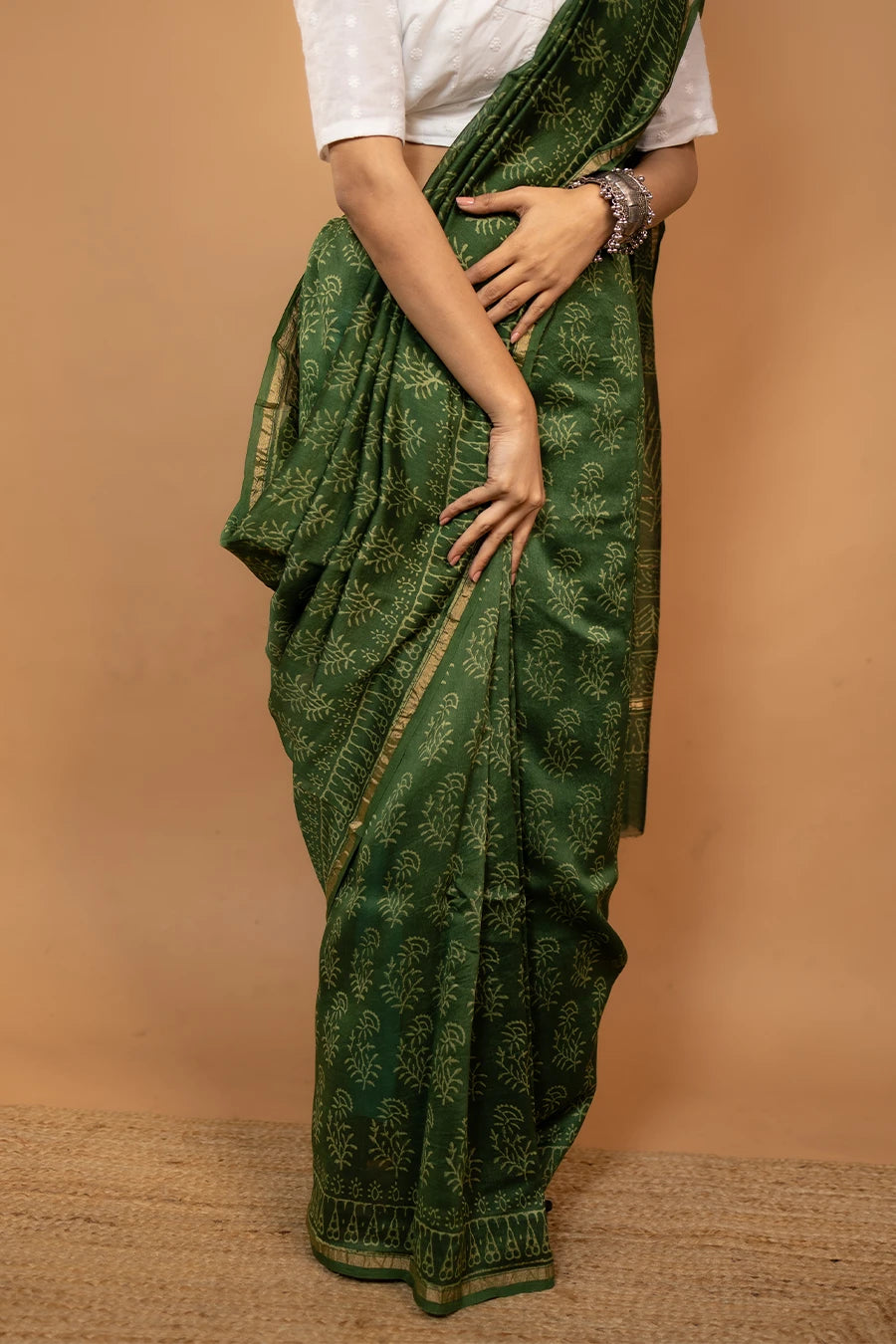 Champakali green hand block printed Chanderi silk saree
