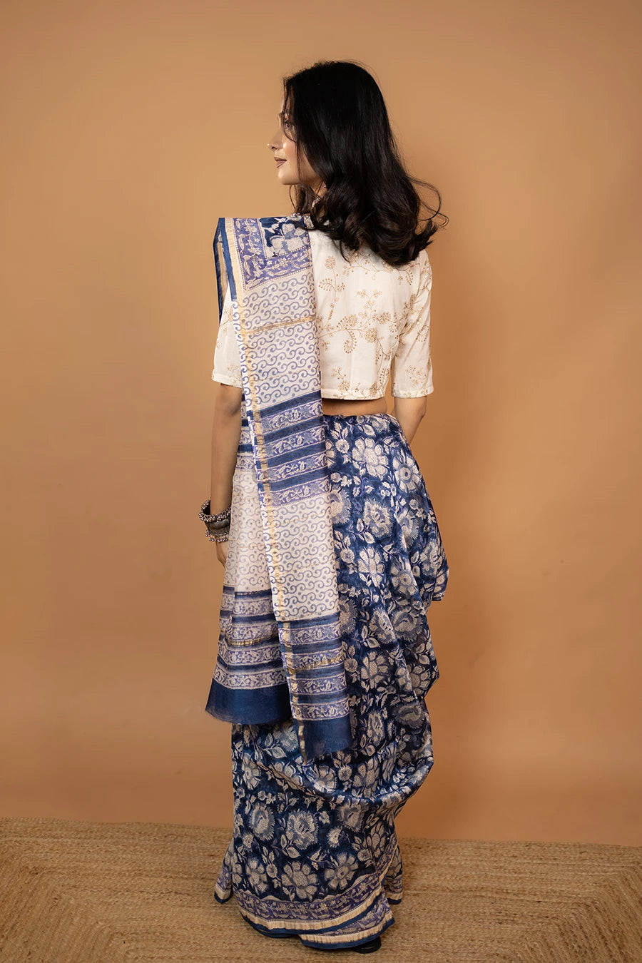Silk Aura – Navy Blue Hand Block Printed Chanderi Silk Saree MeMaana