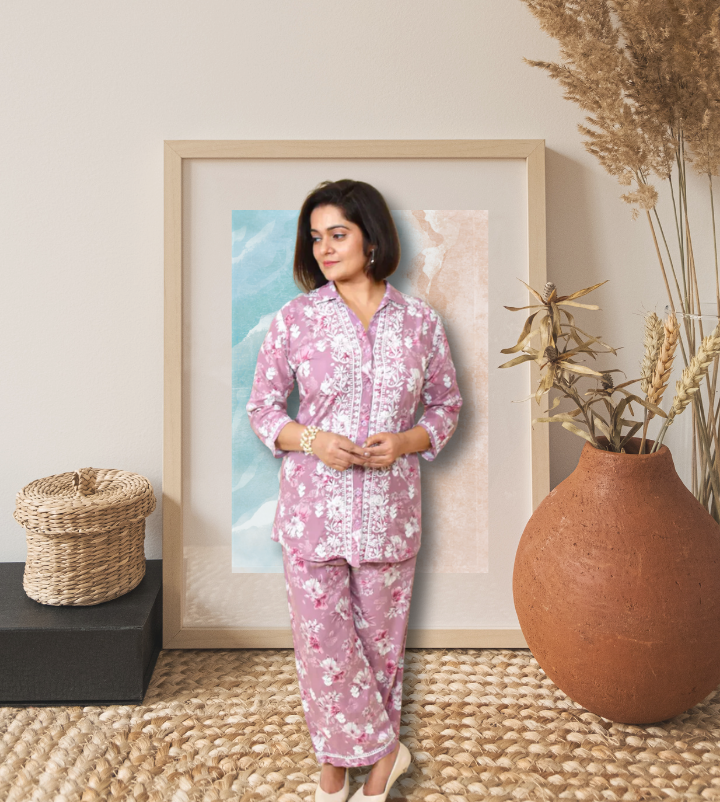 Fabnuma Handcrafted Orange Chikankari Rayon Cord Set - Fabnuma