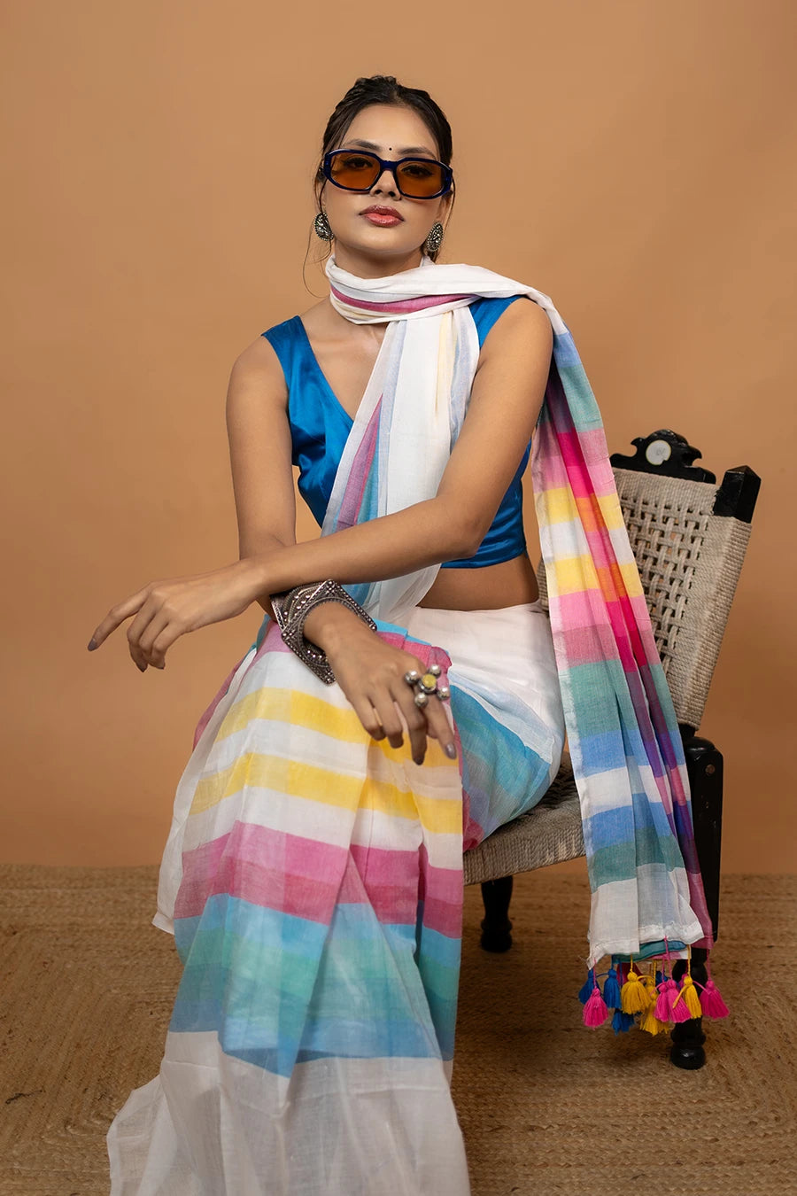 White multi colour striped pure mulmul cotton saree