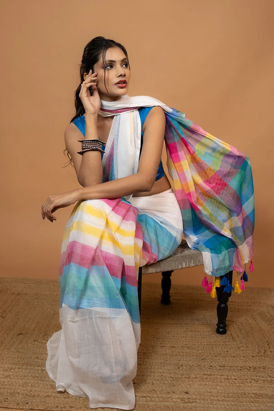 White multi colour striped pure mulmul cotton saree