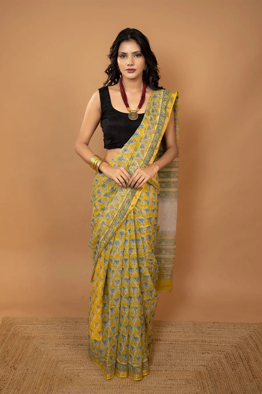 Ethereal Cotton yellow hand block printed pure kota cotton saree