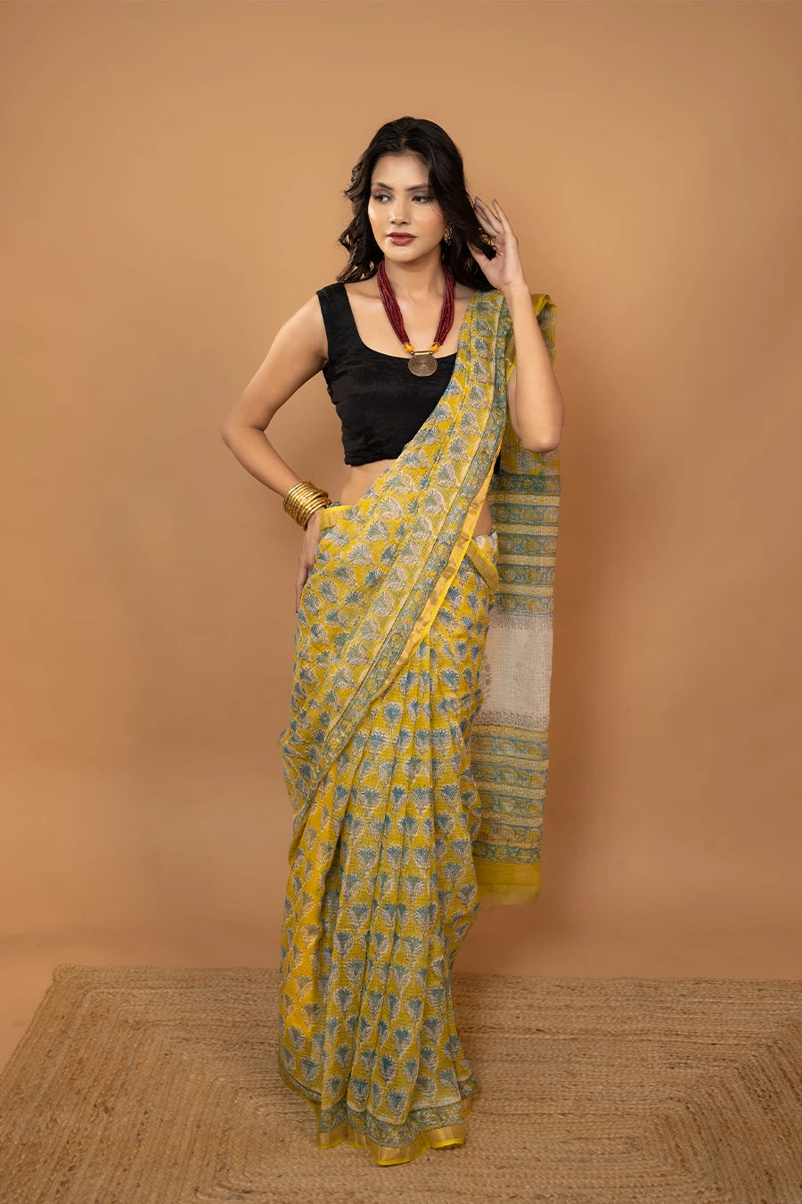 Ethereal Cotton yellow hand block printed pure kota cotton saree