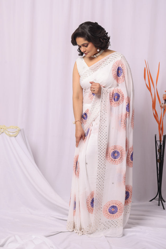 Fabnuma Handcrafted White Viscose With Mukaish Work Chikankari Saree-Blouse