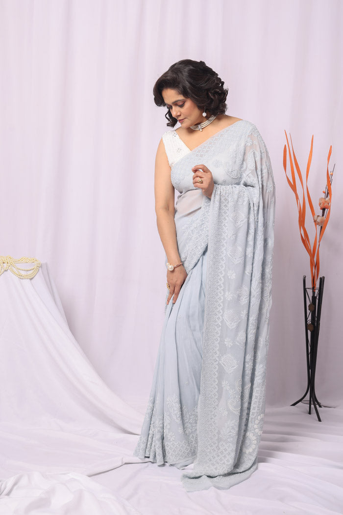 Fabnuma Handcrafted Gray Viscose With Sequence Pearl Work Chikankari Saree-Blouse