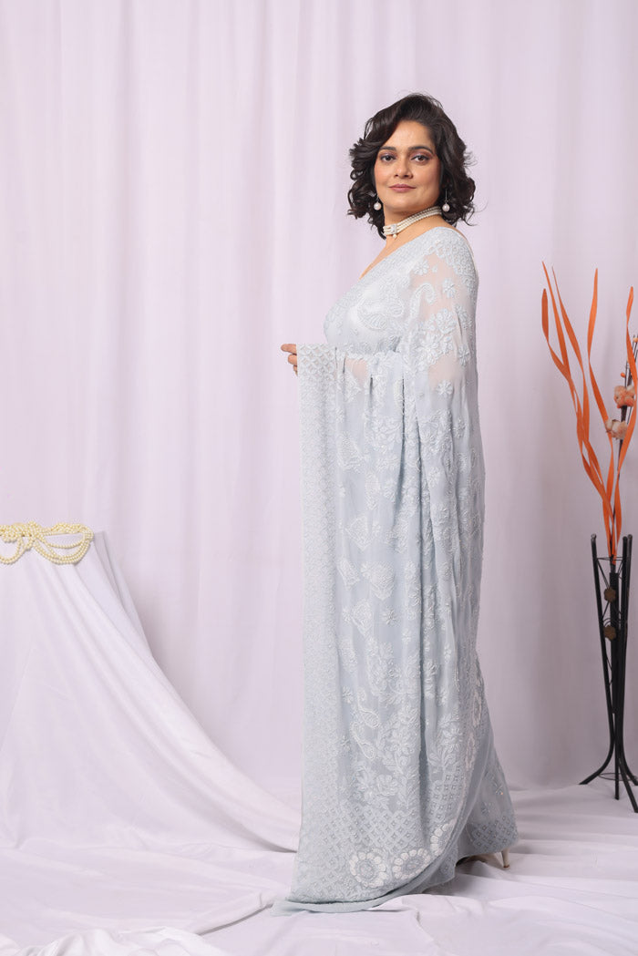 Fabnuma Handcrafted Gray Viscose With Sequence Pearl Work Chikankari Saree-Blouse