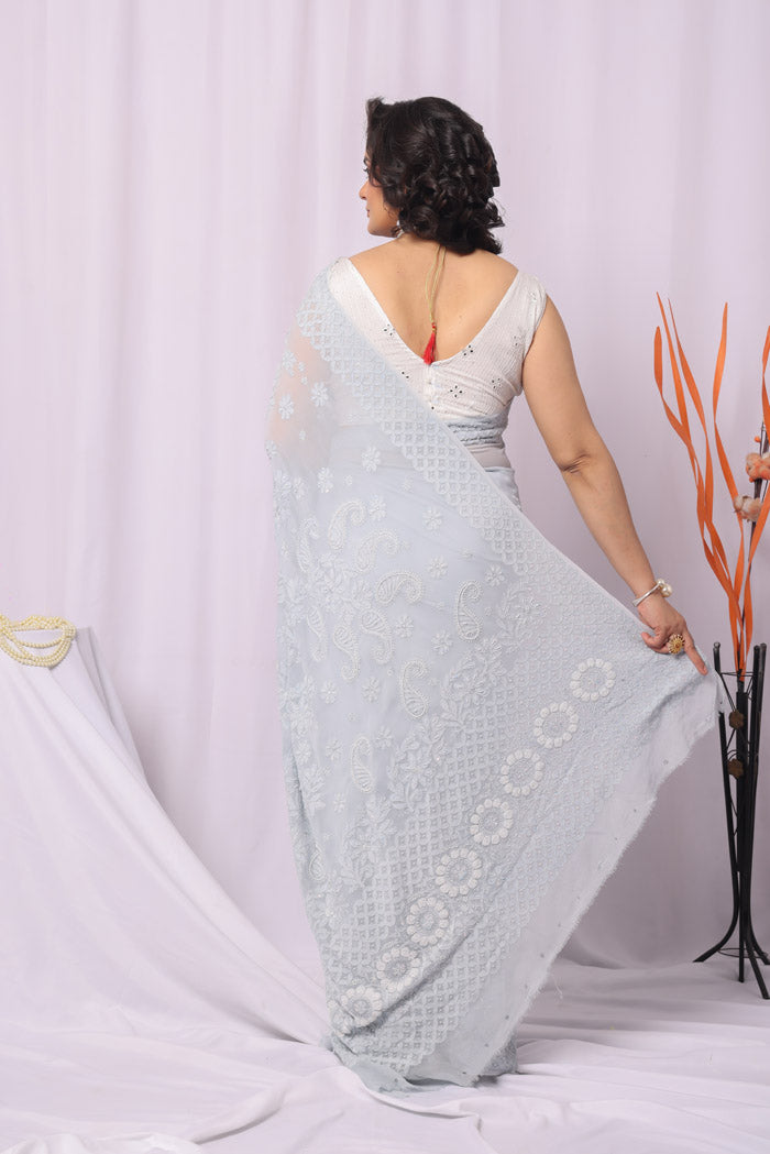 Fabnuma Handcrafted Gray Viscose With Sequence Pearl Work Chikankari Saree-Blouse