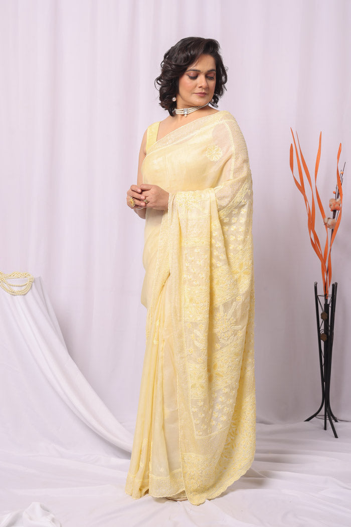 Fabnuma Handcrafted Yellow Tussar Silk Chikankari Saree-Blouse