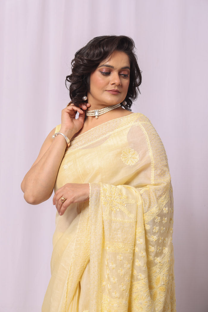 Fabnuma Handcrafted Yellow Tussar Silk Chikankari Saree-Blouse