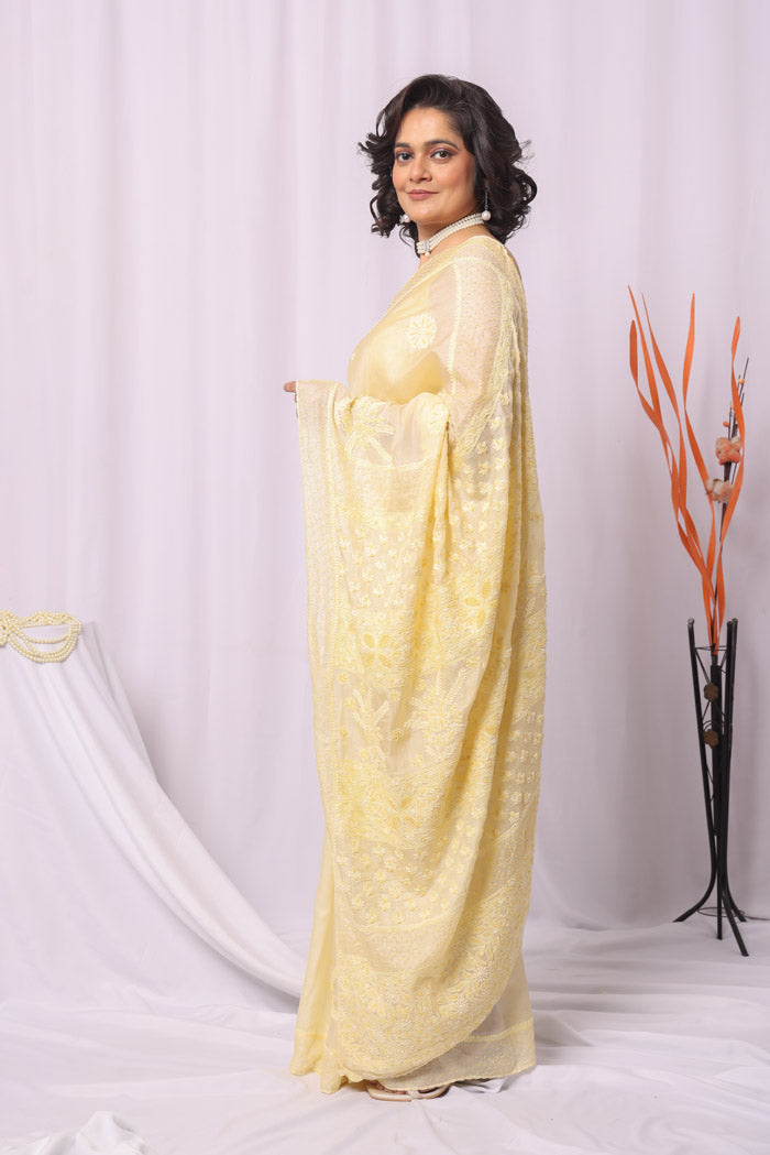 Fabnuma Handcrafted Yellow Tussar Silk Chikankari Saree-Blouse