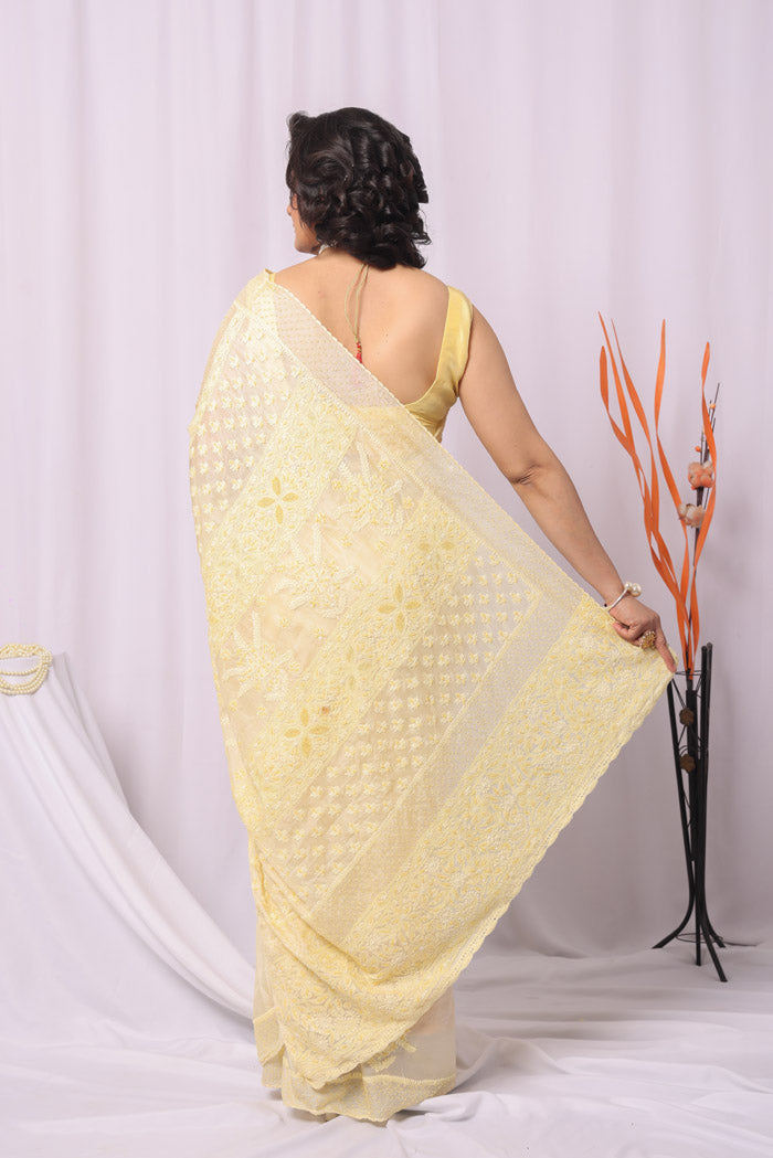 Fabnuma Handcrafted Yellow Tussar Silk Chikankari Saree-Blouse
