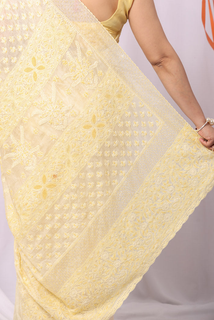Fabnuma Handcrafted Yellow Tussar Silk Chikankari Saree-Blouse