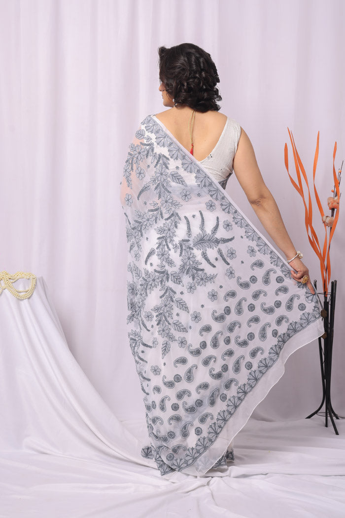 Fabnuma Handcrafted White Georgette Chikankari Saree-Blouse