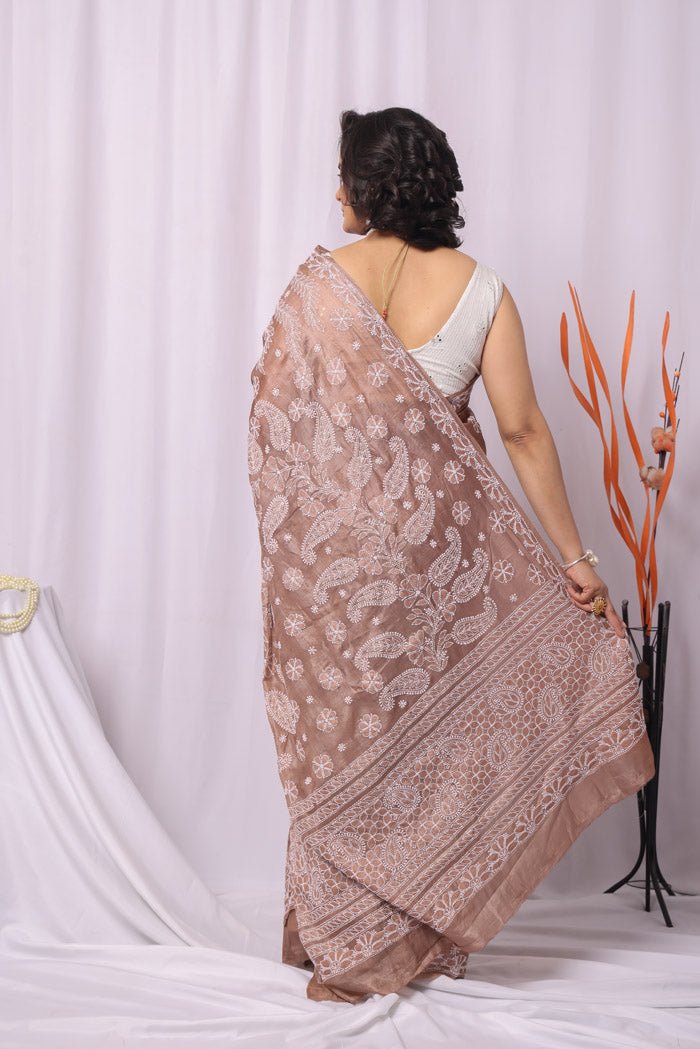Fabnuma Handcrafted Brown Tussar Silk Chikankari Saree-Blouse