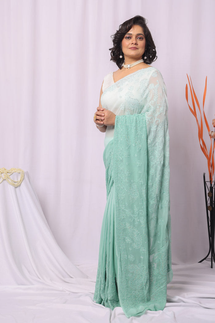 Fabnuma Handcrafted Pista Green Shaded Georgette Chikankari Mukaish Work Saree-Blouse