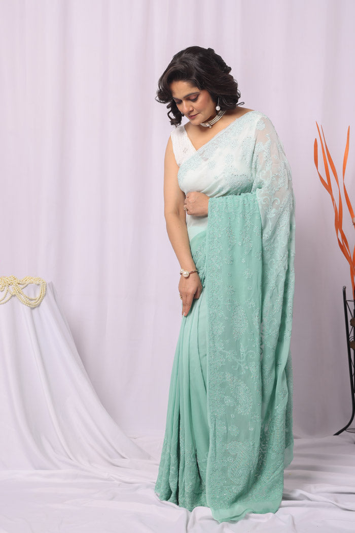 Fabnuma Handcrafted Pista Green Shaded Georgette Chikankari Mukaish Work Saree-Blouse
