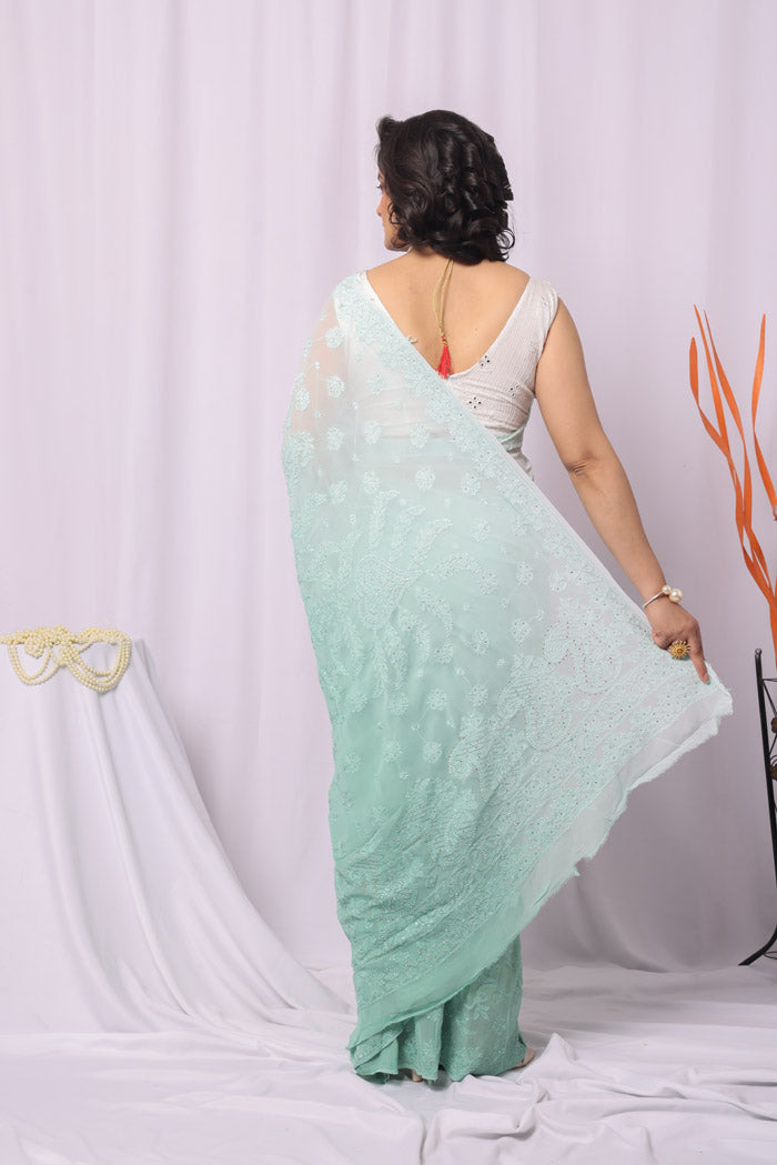Fabnuma Handcrafted Pista Green Shaded Georgette Chikankari Mukaish Work Saree-Blouse