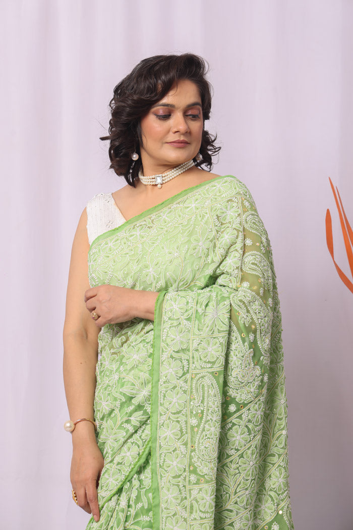 Fabnuma Handcrafted Green Georgette Allover Chikankari Sequence Pearl Work Saree-Blouse