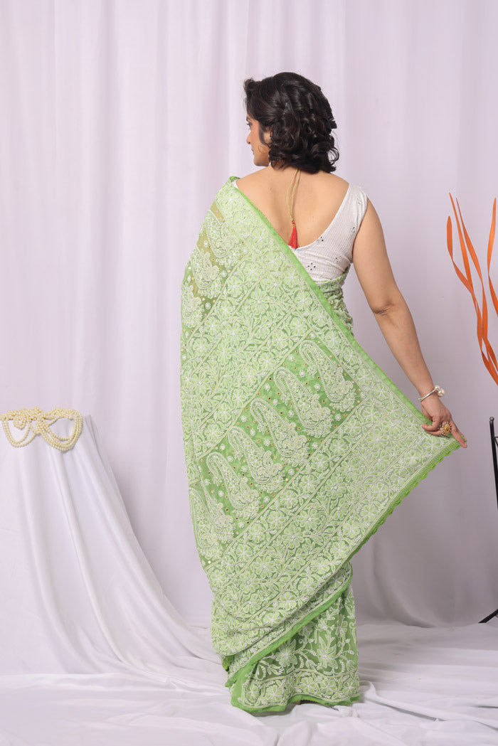 Fabnuma Handcrafted Green Georgette Allover Chikankari Sequence Pearl Work Saree-Blouse