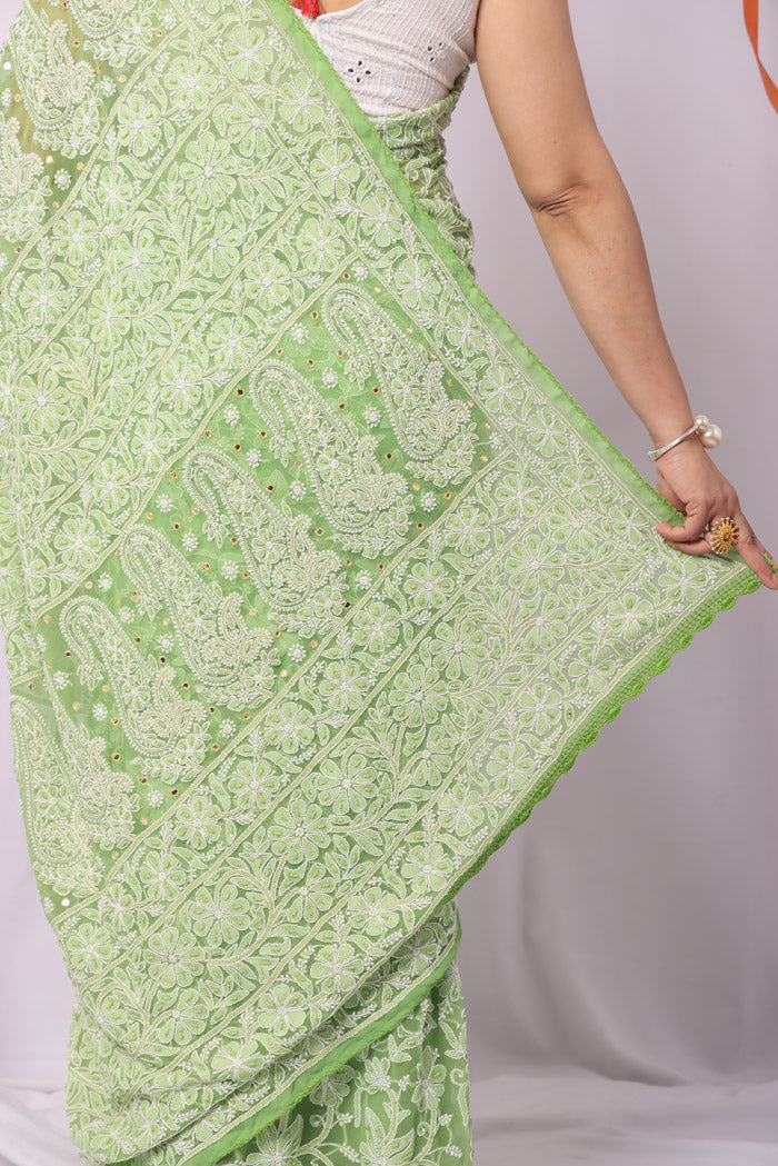 Fabnuma Handcrafted Green Georgette Allover Chikankari Sequence Pearl Work Saree-Blouse