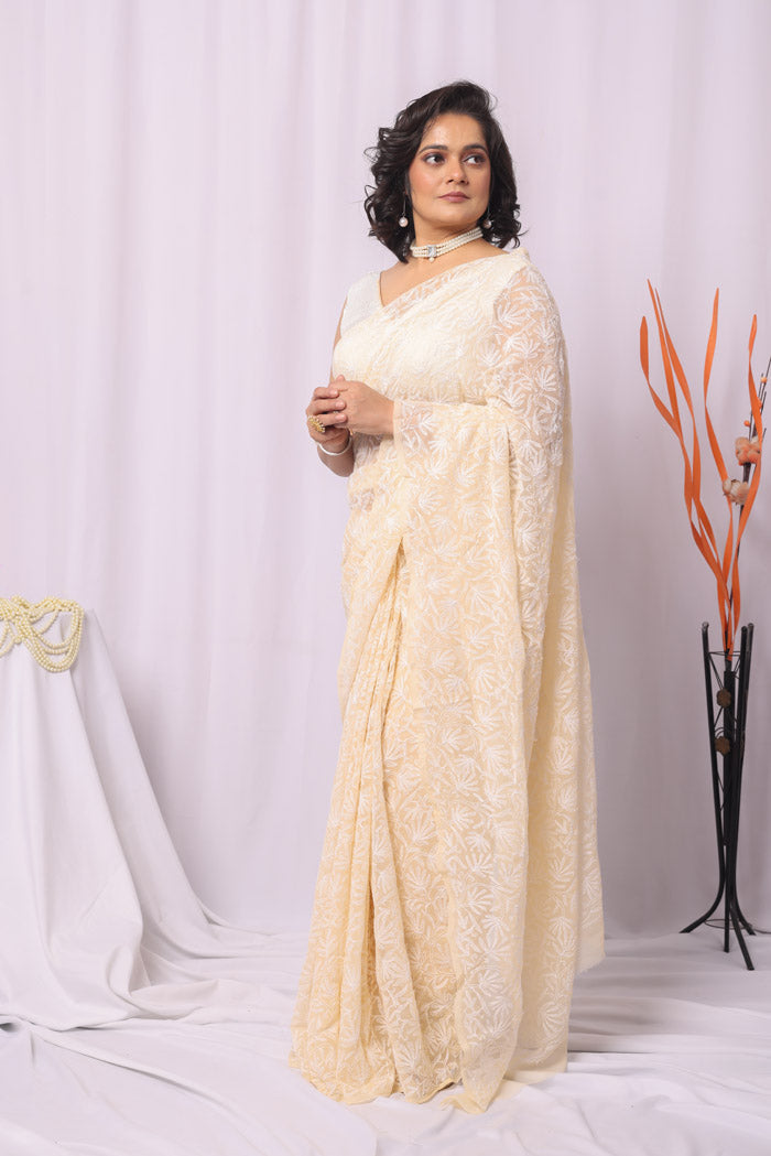 Fabnuma Handcrafted Fawn Georgette Tepchi Chikankari Saree-Blouse Fabnuma