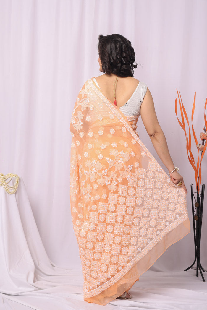 Fabnuma Handcrafted Orange Georgette Chikankari Saree-Blouse