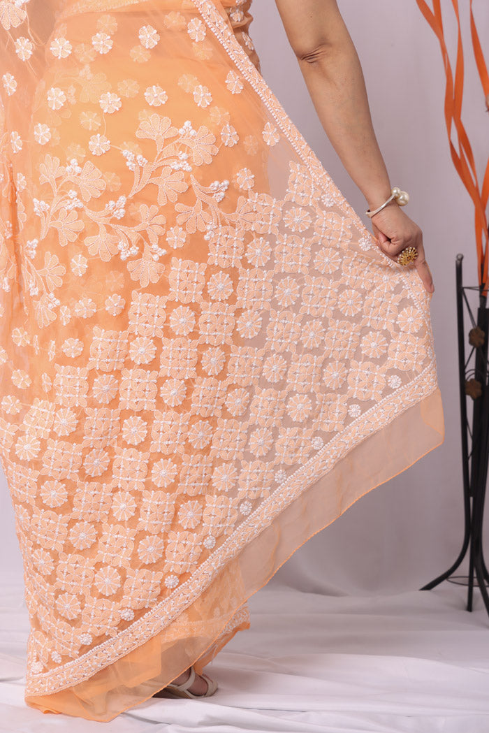 Fabnuma Handcrafted Orange Georgette Chikankari Saree-Blouse