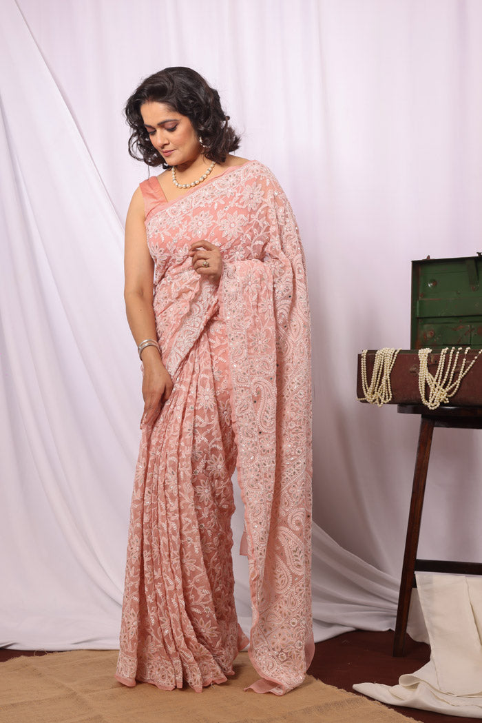 Fabnuma Handcrafted Peach Georgette Chikankari Saree-Blouse
