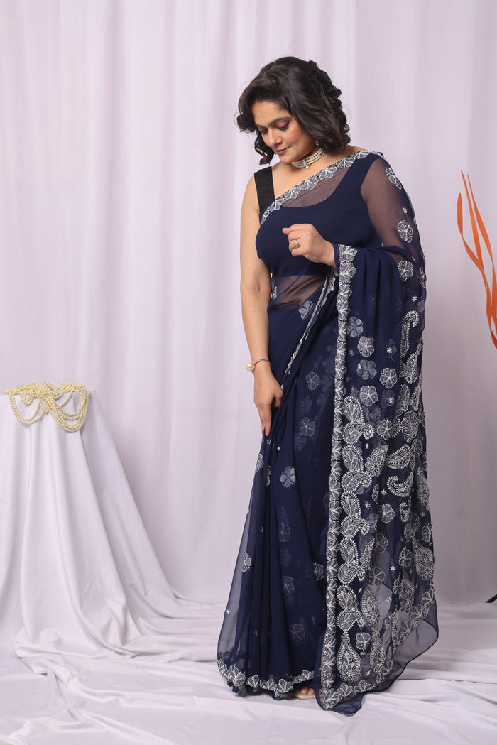 Fabnuma Handcrafted Navy Blue Georgette Chikankari Sequence Pearl Work Saree-Blouse