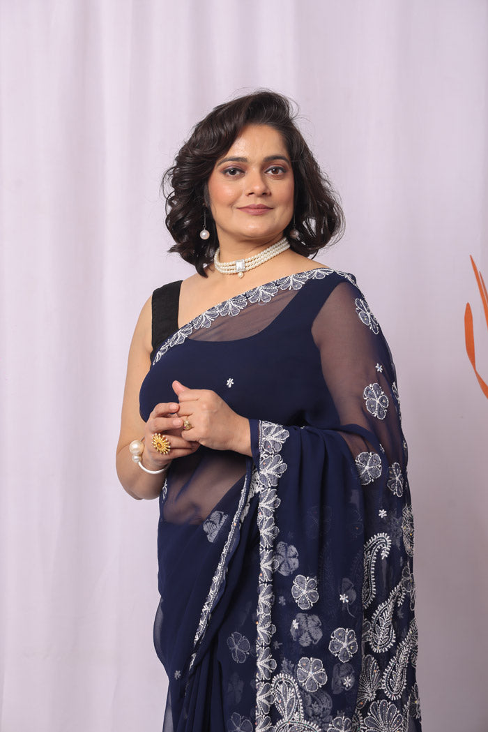 Fabnuma Handcrafted Navy Blue Georgette Chikankari Sequence Pearl Work Saree-Blouse