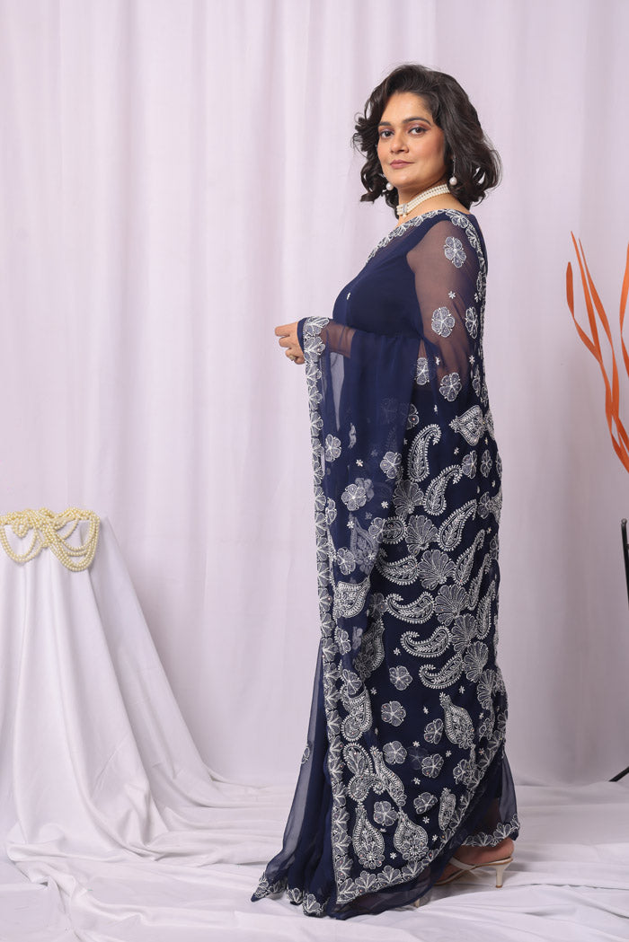 Fabnuma Handcrafted Navy Blue Georgette Chikankari Sequence Pearl Work Saree-Blouse