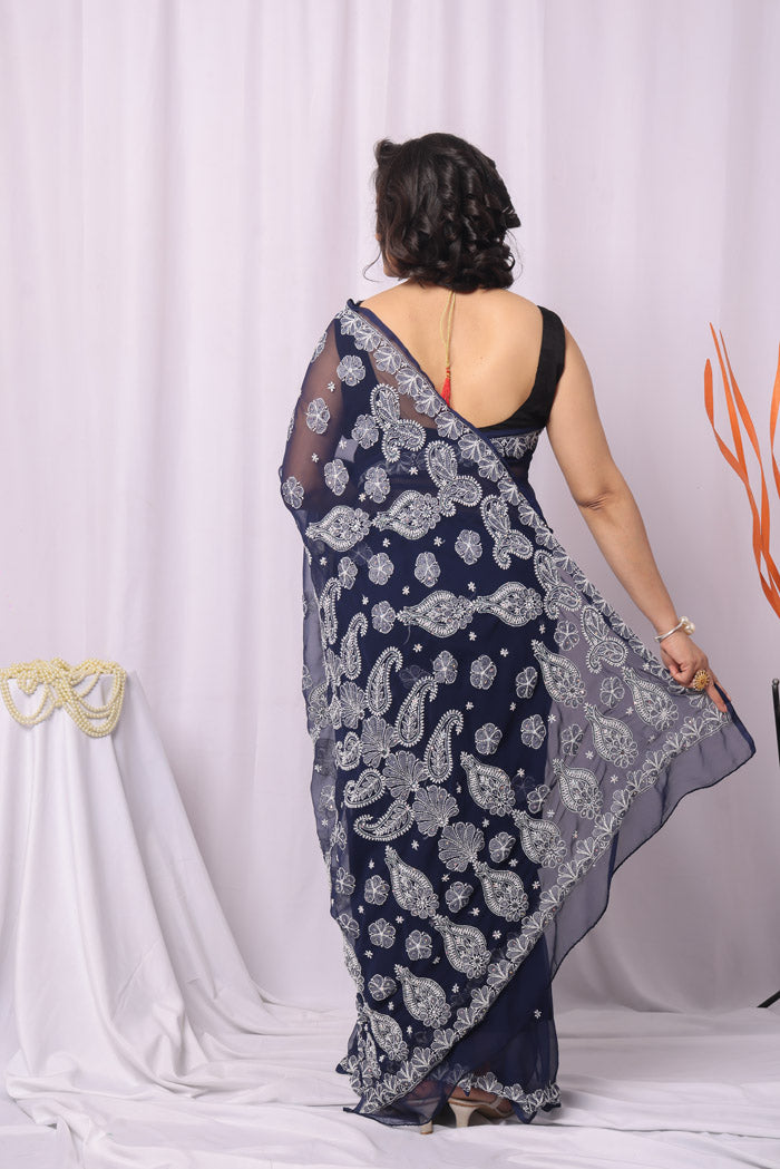 Fabnuma Handcrafted Navy Blue Georgette Chikankari Sequence Pearl Work Saree-Blouse