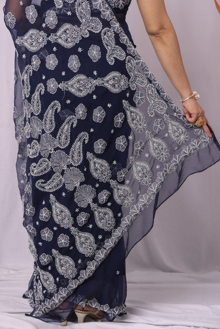 Fabnuma Handcrafted Navy Blue Georgette Chikankari Sequence Pearl Work Saree-Blouse