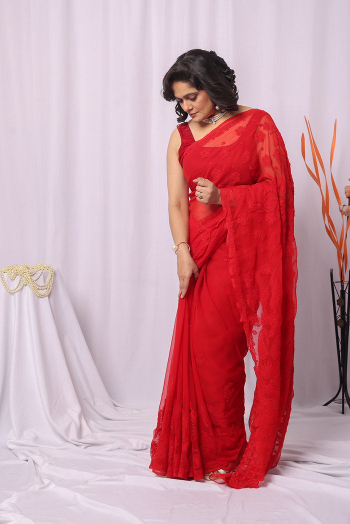 Fabnuma Handcrafted Red Georgette Chikankari Saree-Blouse