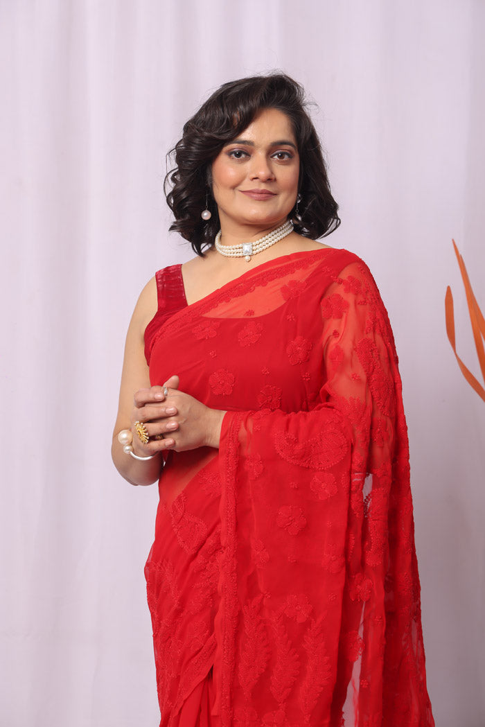 Fabnuma Handcrafted Red Georgette Chikankari Saree-Blouse