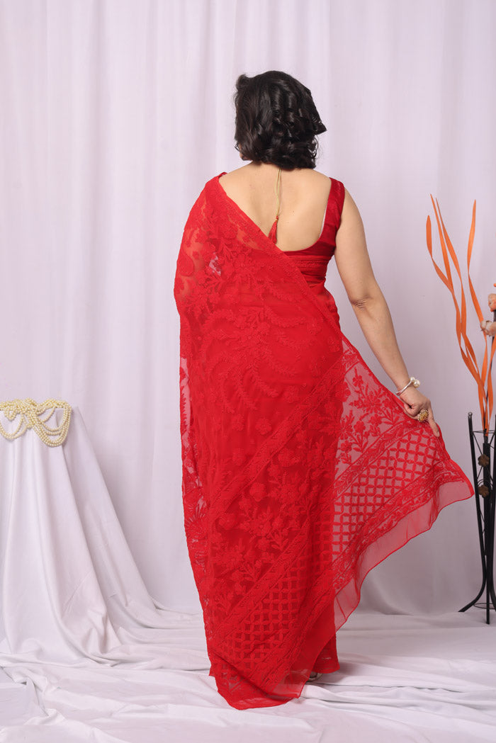 Fabnuma Handcrafted Red Georgette Chikankari Saree-Blouse