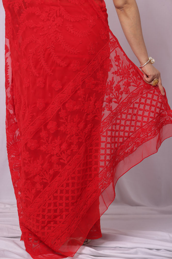 Fabnuma Handcrafted Red Georgette Chikankari Saree-Blouse