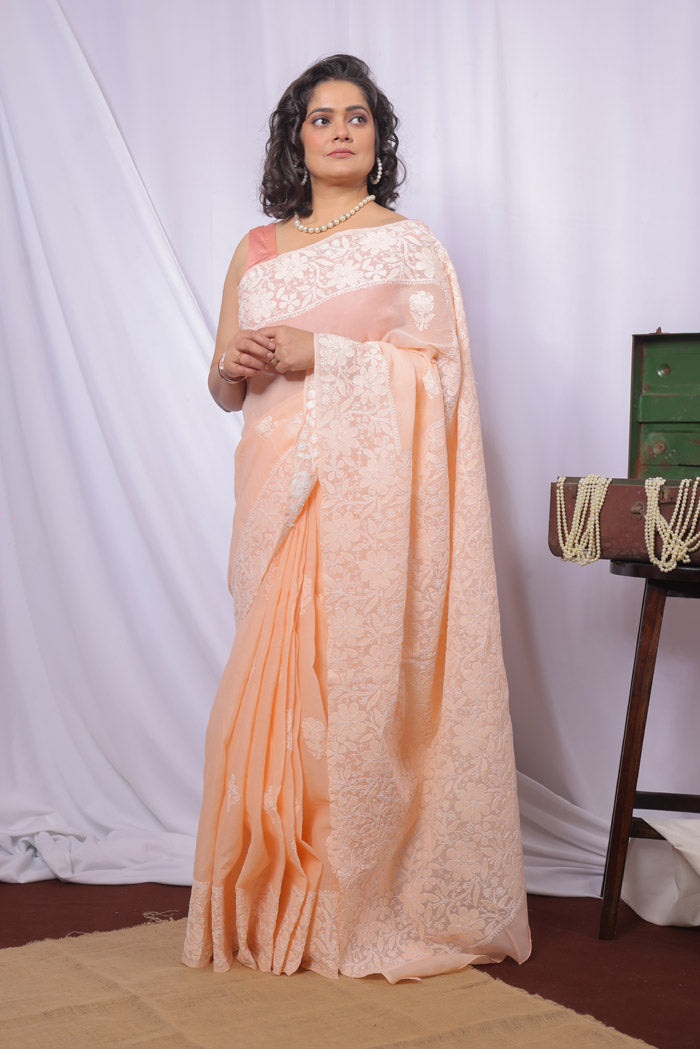 Fabnuma Handcrafted Peach Cotton Chikankari Saree-Blouse Fabnuma