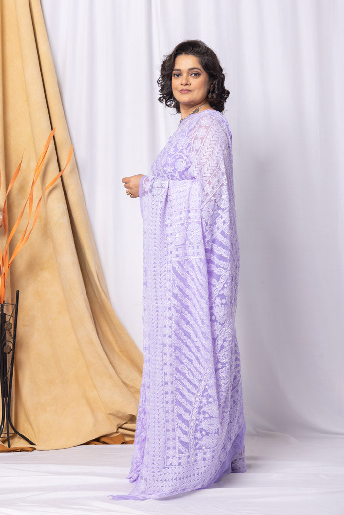 Fabnuma Handcrafted Lavender Georgette Chikankari Saree-Blouse