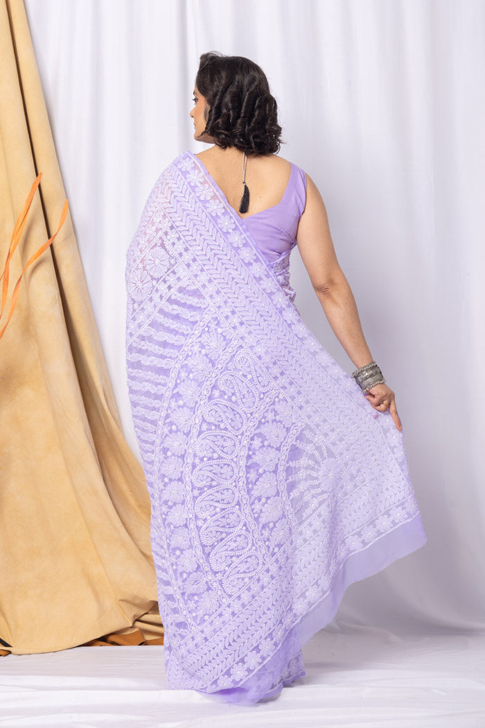 Fabnuma Handcrafted Lavender Georgette Chikankari Saree-Blouse