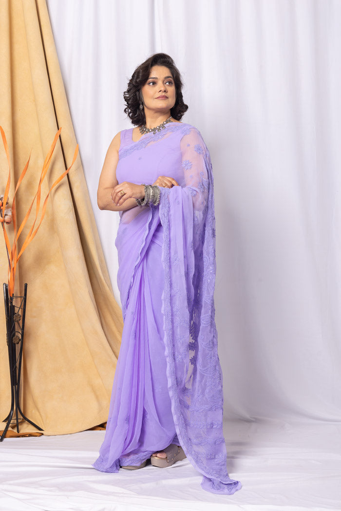 Fabnuma Handcrafted Lavender Georgette Chikankari Mukaish Work Saree-Blouse