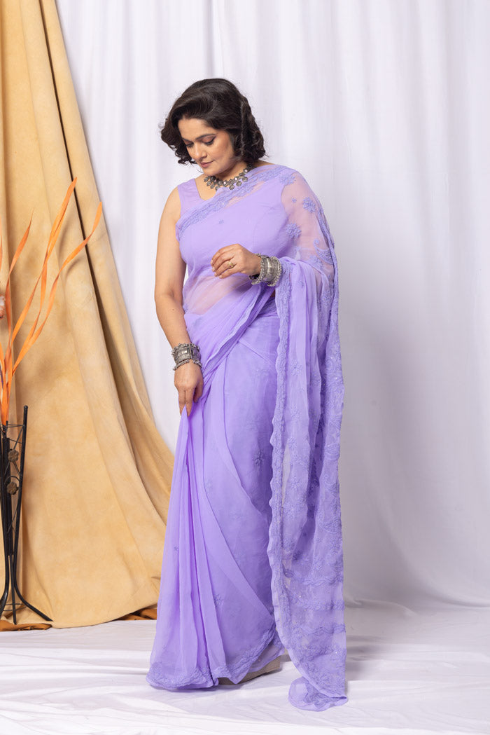 Fabnuma Handcrafted Lavender Georgette Chikankari Mukaish Work Saree-Blouse