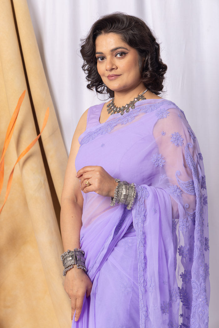 Fabnuma Handcrafted Lavender Georgette Chikankari Mukaish Work Saree-Blouse