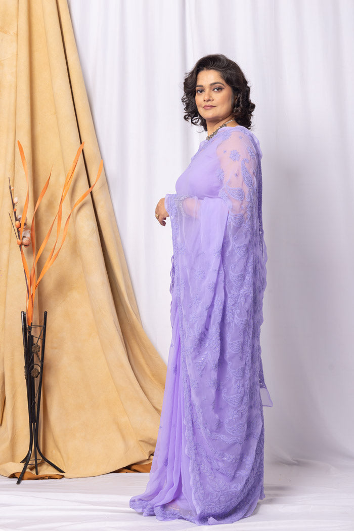 Fabnuma Handcrafted Lavender Georgette Chikankari Mukaish Work Saree-Blouse