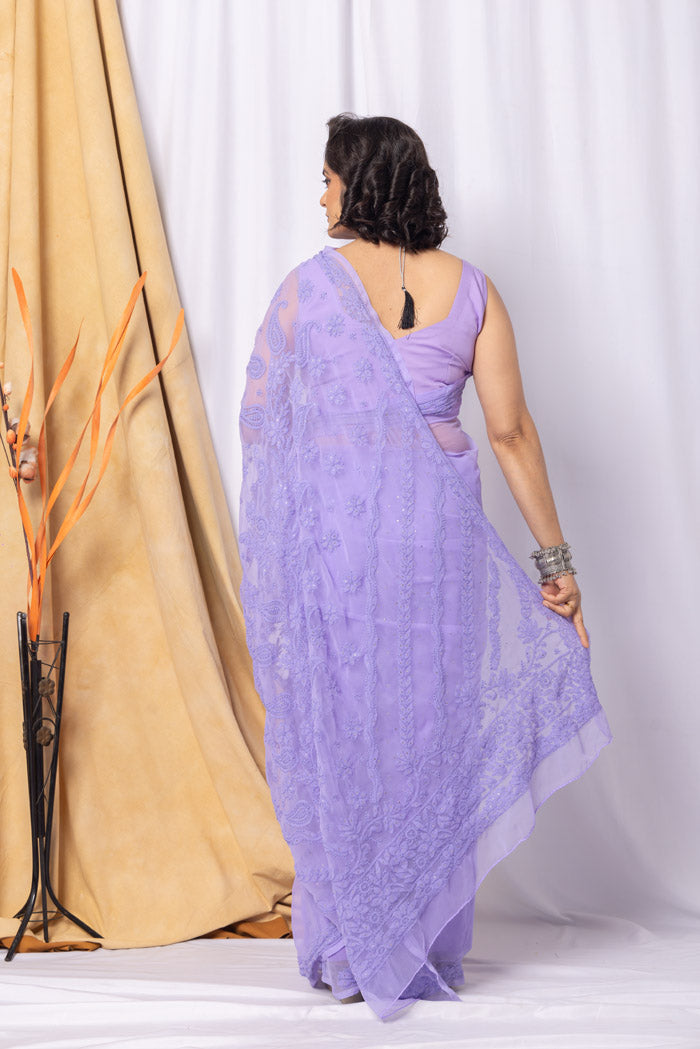 Fabnuma Handcrafted Lavender Georgette Chikankari Mukaish Work Saree-Blouse