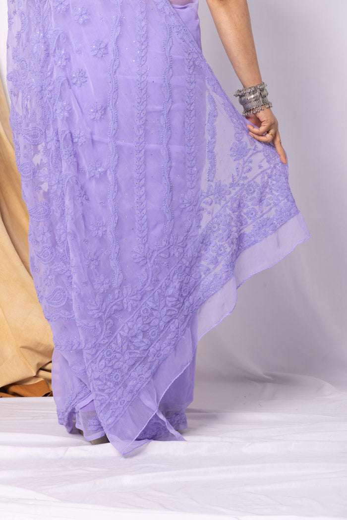 Fabnuma Handcrafted Lavender Georgette Chikankari Mukaish Work Saree-Blouse