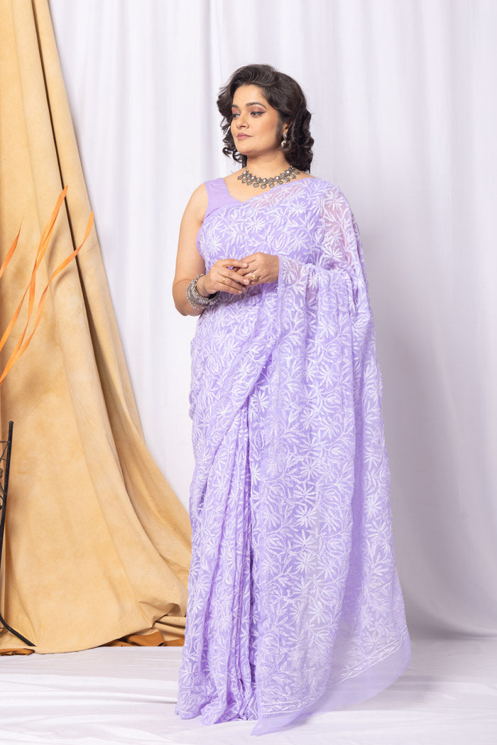 Fabnuma Handcrafted Lavender Georgette Tepchi Chikankari Saree-Blouse