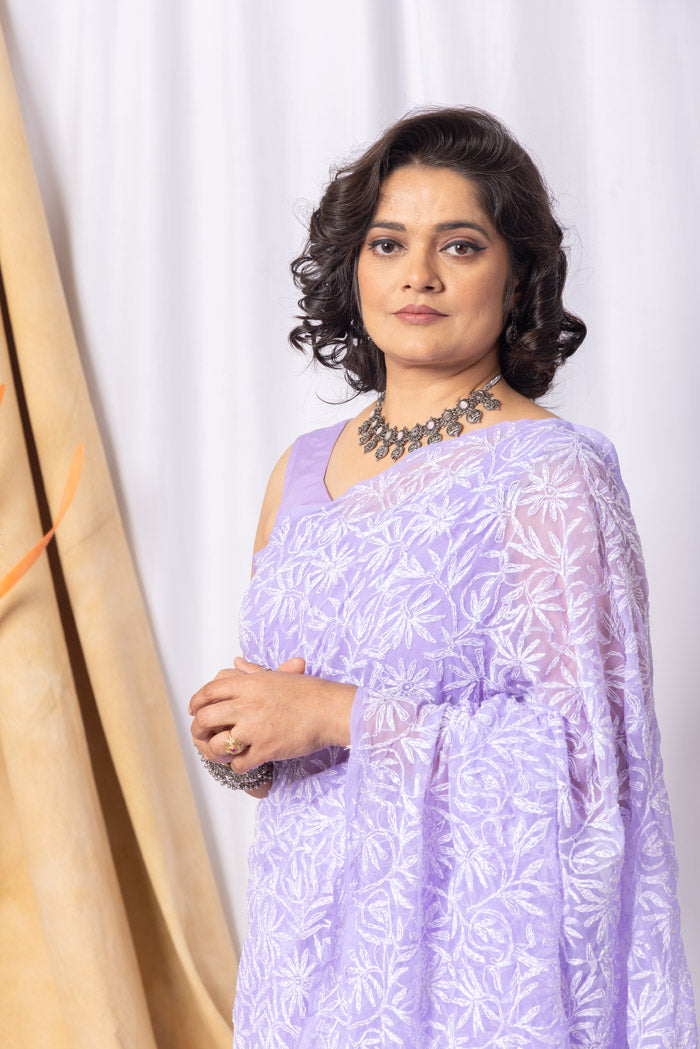 Fabnuma Handcrafted Lavender Georgette Tepchi Chikankari Saree-Blouse